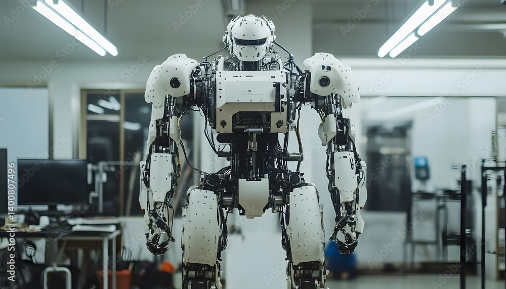 Poster a humanoid robot stands in a modern workshop, showcasing advanced robotics technology. perfect for a