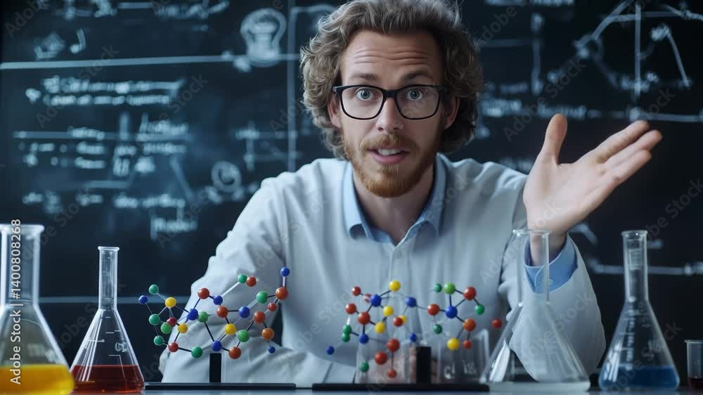 Poster a male scientist looks at the camera while explaining a lesson, using molecular models and colorful 
