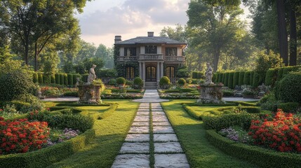 Obraz premium Serene Estate: A Picturesque Garden and Mansion