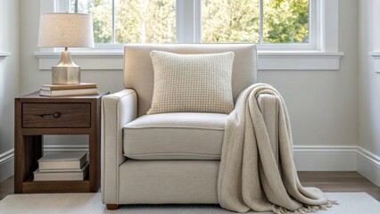 Cozy armchair with a decorative pillow and a throw, next to a lamp and side table in a bright room.