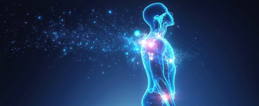 A glowing human body with sparkling energy flowing outward from it