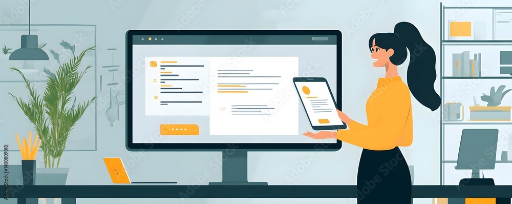 Aufkleber a professional woman in a bright workspace uses a tablet and monitors software applications, showcas