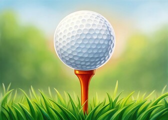 Golf ball on a tee surrounded by lush green grass under a bright sky.