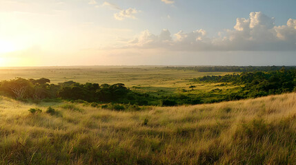 Obraz premium Golden Sunset Over Grassland Landscape