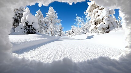 Snowy mountain trail in winter forest