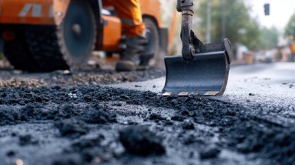 Road construction worker repairing a damaged asphalt road. Featuring precision and efficiency