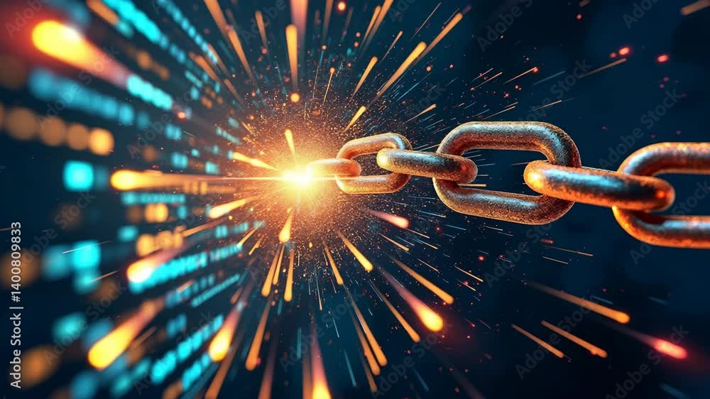 Poster a glowing chain link bursts with energy amidst a backdrop of digital data streams and sparks. recipr