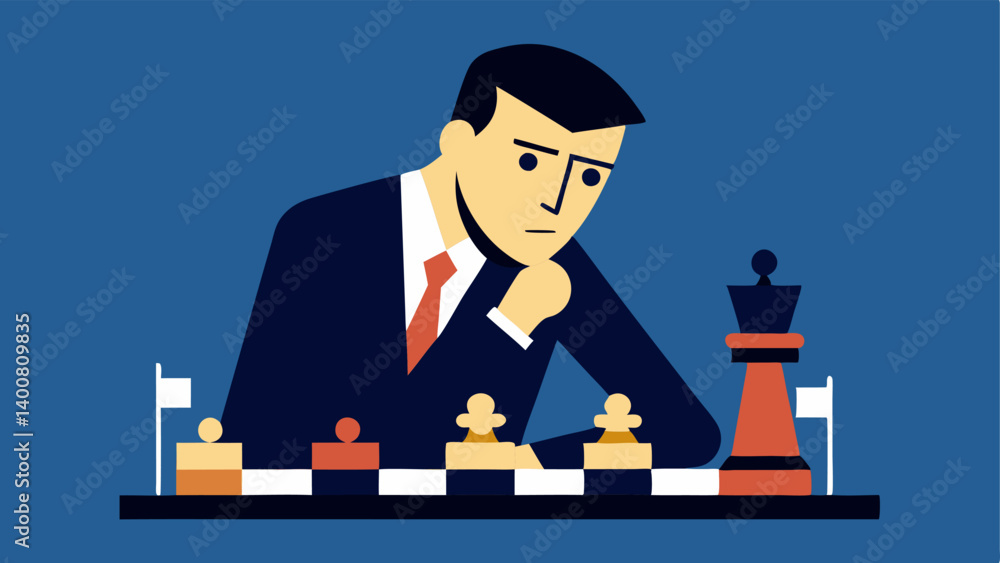 Poster chess master an individual studying a chessboard with tactical expressions and pieces resembling peo