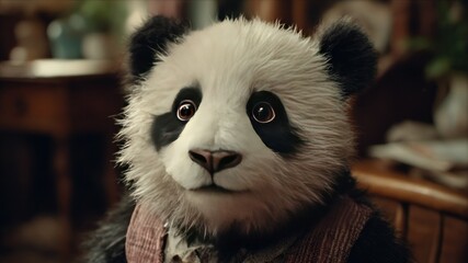 Fototapeta premium A cute panda bear cub wearing a corduroy vest looks curious.