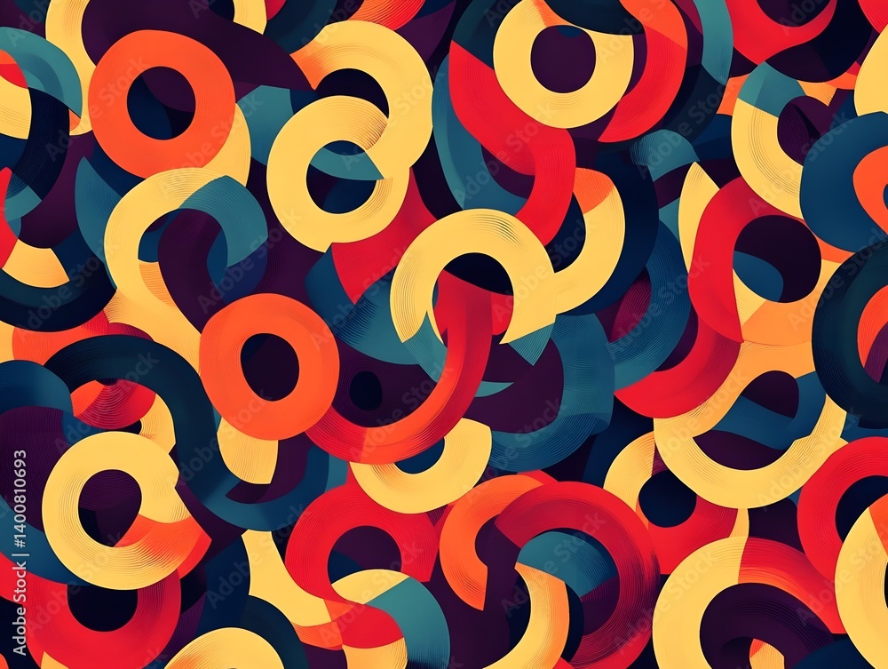 Poster a vibrant abstract pattern composed of interlocking circles in an array of colors, including red, ye