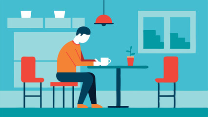 Lonely at Work A gig worker sitting at a small table in a coffee shop looking isolated a other busy workers ing the solitary nature of gig work.
