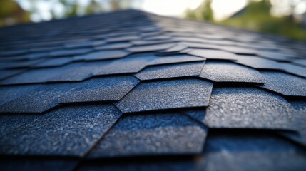 Roofer fixing a shingle roof on a sunny day. Featuring detail and expertise