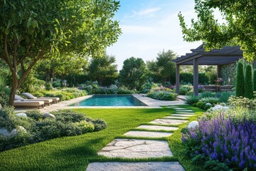Fototapeta premium A serene backyard oasis featuring a swimming pool lush greenery and a charming pergola area