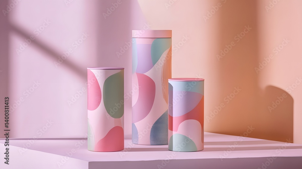 Poster a visually appealing arrangement of abstract patterned containers against a soft pastel background, 