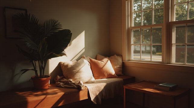 Sunlit window seat with pillows and plant interior design home decor and cozy corner reading nook inspiration