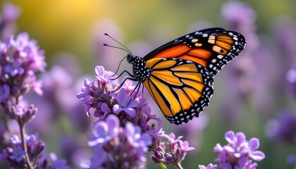 A vibrant monarch butterfly on lavender flowers, close up, macro detail on wings, centered composition, bokeh background