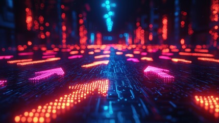 Fototapeta premium Bright arrows illuminate a futuristic digital pathway in a high-tech environment at night