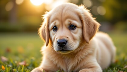 A golden retriever puppy looking at camera, soft lighting, full body, natural outdoor setting, shallow focus background