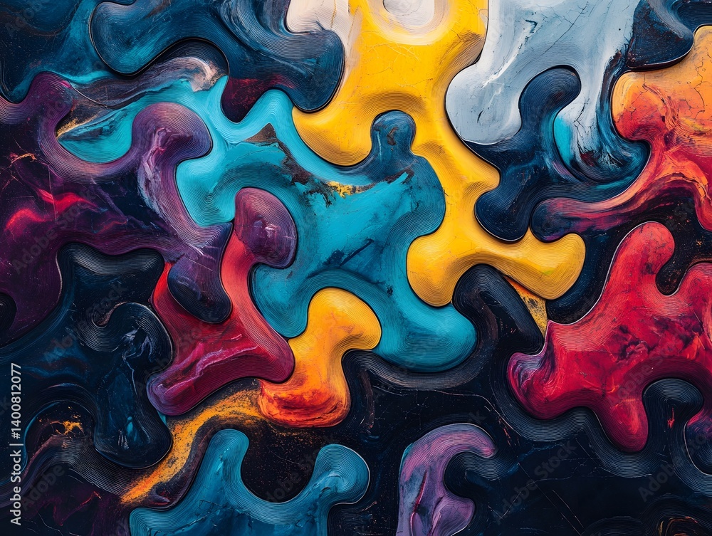 Poster an abstract artistic representation of colorful puzzle pieces, showcasing vibrant hues and dynamic s