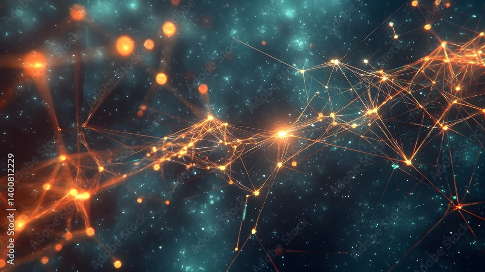 Poster an abstract representation of a digital network connecting nodes through vibrant lines and glowing p