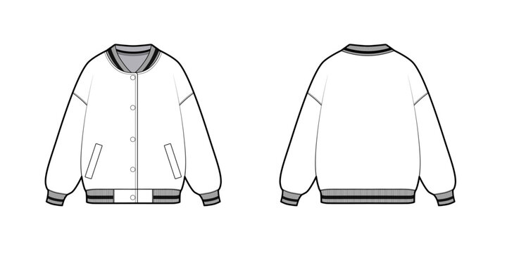 Varsity Jacket - Activewear Jacket Design with Pocket - Jackets Fashion Technical Illustration - Front and Back Views Winter Coat, Men Women Unisex Sweatshirt Jersey CAD Mockups