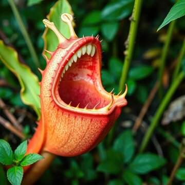 Carnivorous plant with snapping jaws open wide, foliage, nature, flowerless