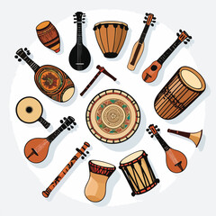 group of five flat vector musical instruments from different cultures arranged in a circular pattern: djembe drum, sitar, maracas, bagpipes, and bamboo flute