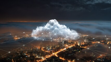 City skyline with illuminated network cloud overlay, representing data.