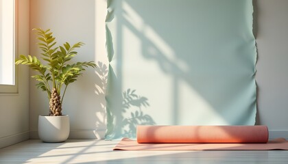 Fototapeta premium A yoga mat rolling out from a torn fitness poster, serene background, centered subject, wellness theme, soft natural light
