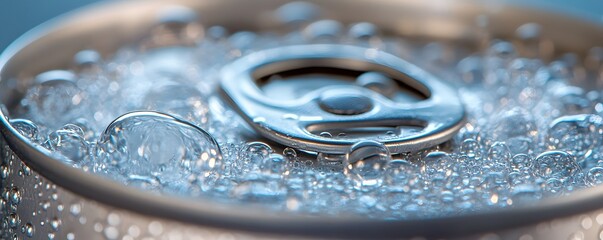 Close-up of a soda can with bubbles rising, showcasing the refreshing favorite beverage. Perfect for food and drink advertisements or promotional materials.
