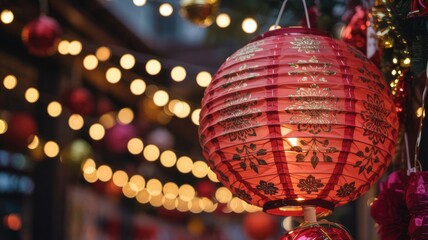 Obraz premium Glowing red lantern with gold patterns, warm candlelight, festive lights in background; celebrating tradition and vibrant joy. 