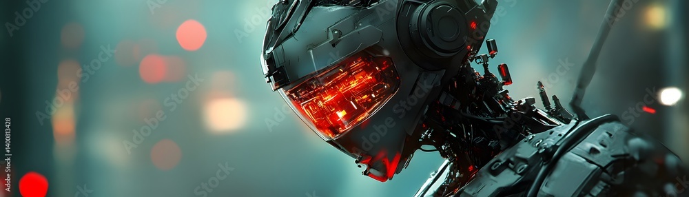 Poster futuristic robot head with glowing red eyes, showcasing advanced technology and design. perfect for 