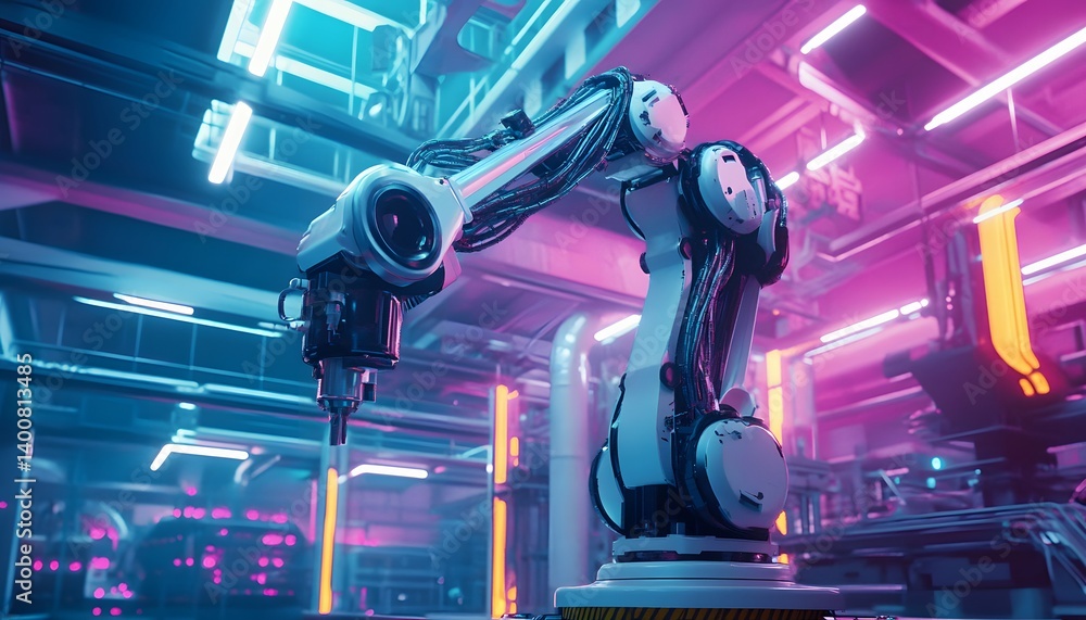 Poster futuristic robotic arm in a neon-lit environment, showcasing advanced automation and innovation in a