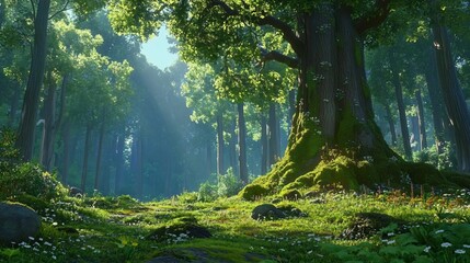 Obraz premium Lush Green Forest with Sunlight and Vibrant Flora