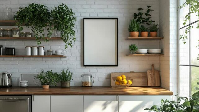 Scandinavian-inspired kitchen with blank vertical poster frame, white brick wall, natural wooden shelves, and lush green plants. Perfect mockup for kitchen art, recipe designs, or branding presentatio