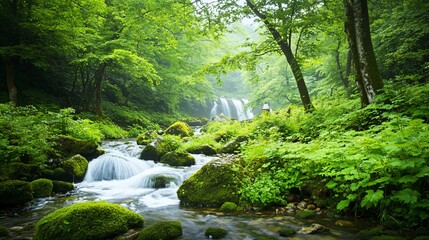 Obraz premium Serene Forest Stream Flowing Over Mossy Rocks in Lush Greenery