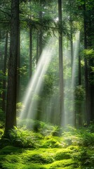 Fototapeta premium Sunlight Beams Penetrating Lush Green Forest with Ferns and Moss