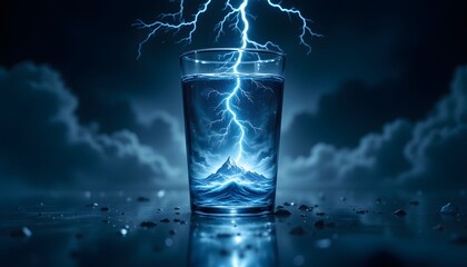 A glass of water with a tiny ocean storm inside, lightning in the cup, symbolic image of hidden emotions, dramatic lighting, clean background.