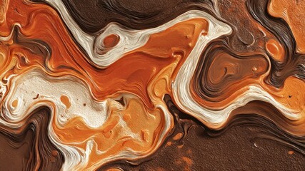Abstract painting with swirling brown, orange, and beige colors.
