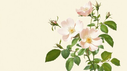 Obraz premium Delicate Floral Illustration of Dog Rose Blossoms with Green Leaves