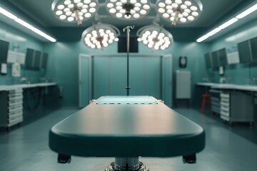 A sterile operating room featuring a central surgical table, bright overhead lights, and clean, modern equipment, creating a focused medical environment.