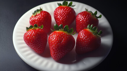 Fresh strawberries with mint on white plate, sunlit glistening. Dark minimal background, organic dessert. Summer food branding, ads, vibrant healthy fruit, clean text space.