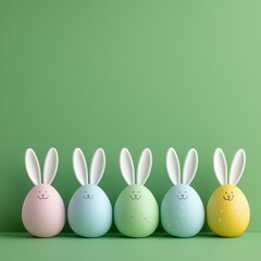 Obraz premium Colorful bunny and egg decorations arranged on a solid green background for festive spring celebrations