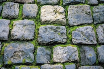 Fototapeta premium Ancient Stone Wall: A captivating close-up showcases a sturdy, aged stone wall. The rough-hewn stones are meticulously arranged. The textured, weathered surface tells a story of time, resilience.