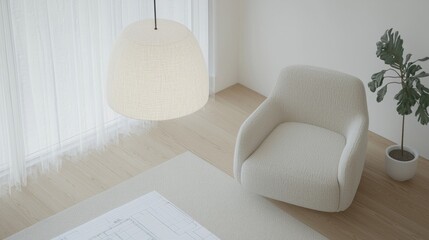 Minimalist, modern interior corner view.  Light beige tones, a hanging lamp, armchair, and houseplant