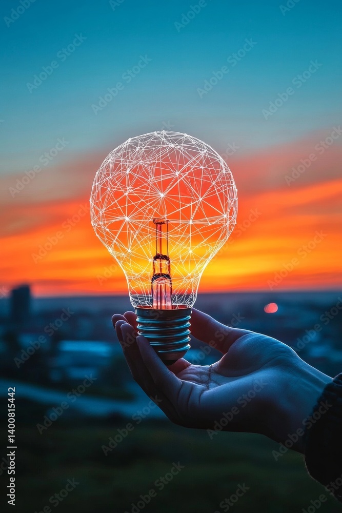 Aufkleber hands holding illuminated lightbulb with glowing network of lines representing new ideas