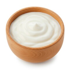 Creamy yogurt in wooden bowl on white background
