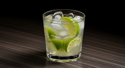 Tall glass of mojito with lime and mint, filled with ice, lime slices on the sides of the glass and mint leaves on top