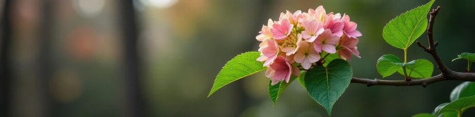 Obraz premium Foliage of Hydrangea arborsecens on a bare tree branch, winter interest, sevenbark, hydrangea