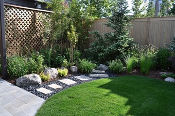 Naklejka premium A lush green backyard garden with stone path and wooden fence in a residential setting outdoors